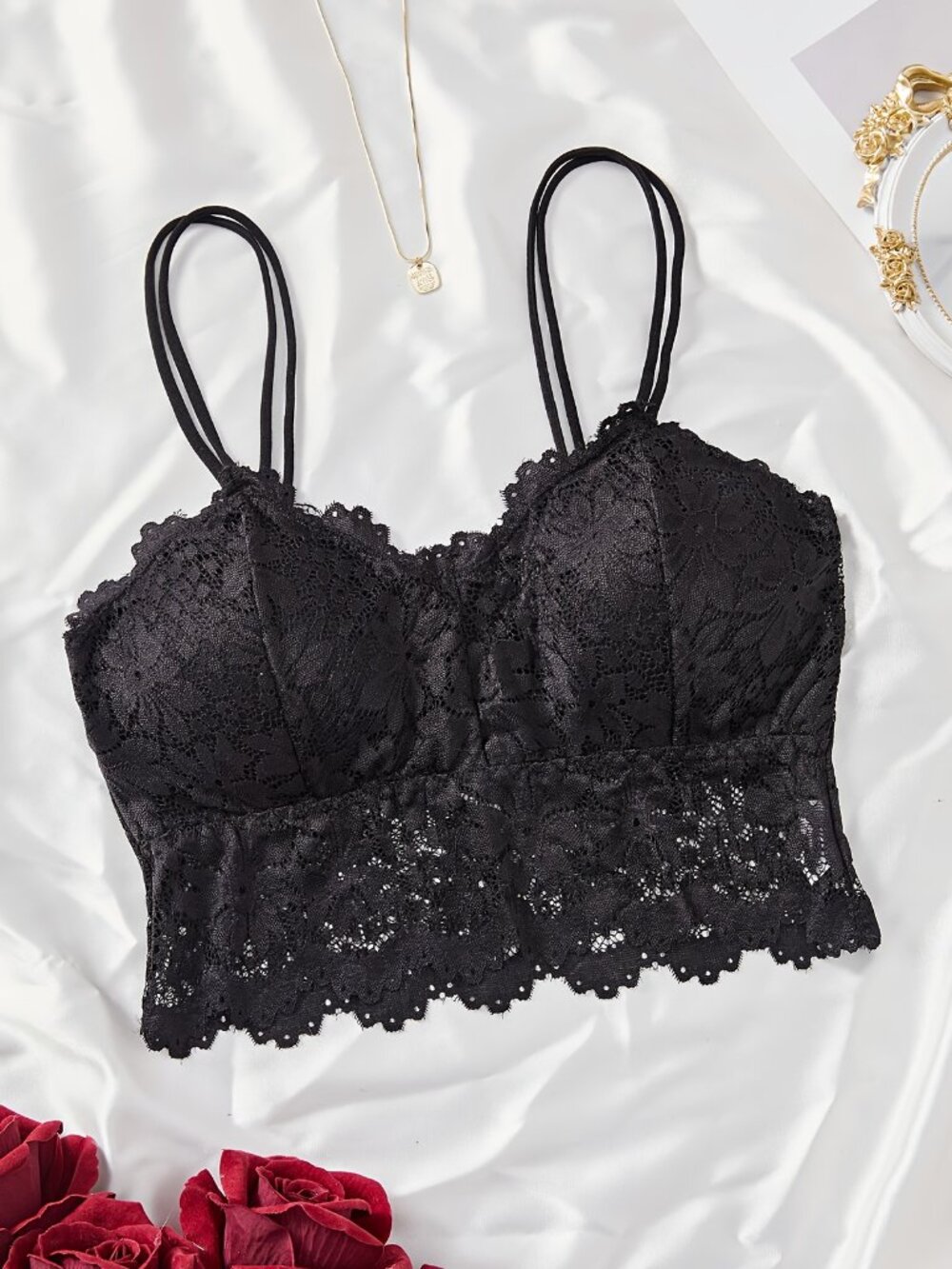 Unbranded Black Floral Lace Bralette Crop Top Adjustable Straps No Wire NEW XL